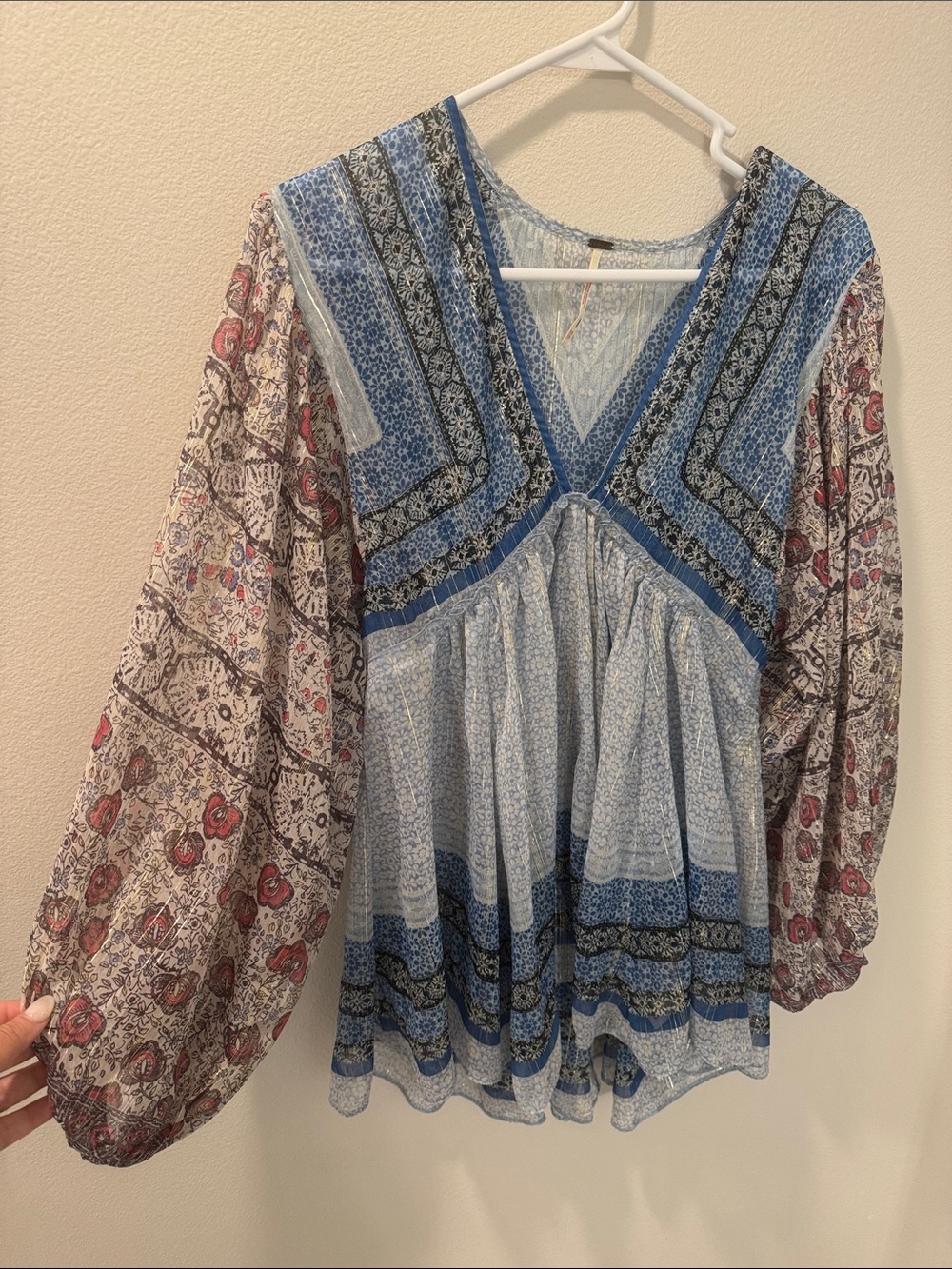 Free People Blue Patchwork Peasant Tunic